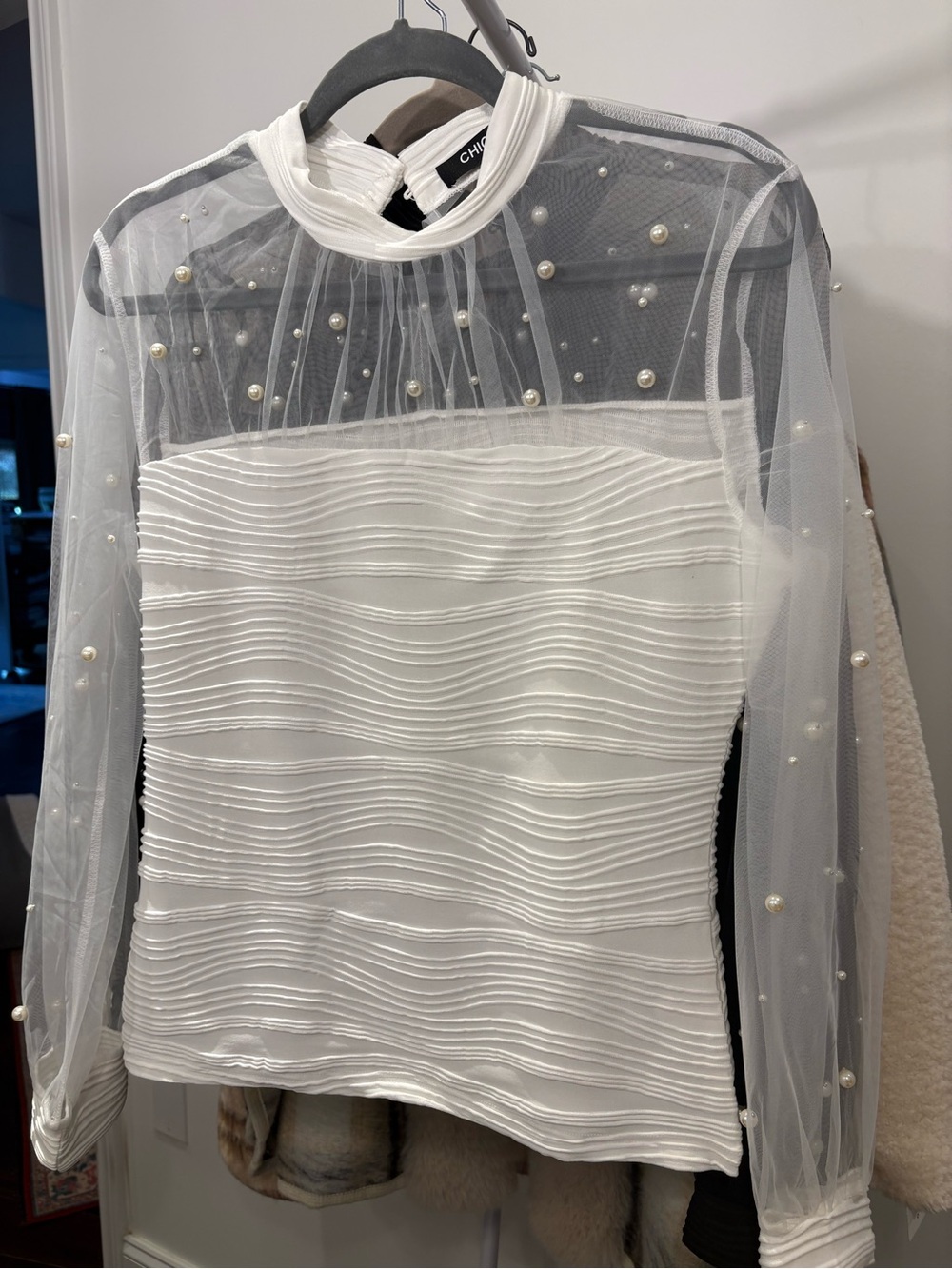 chic White Pearl-Embellished Sheer Yoke Blouse